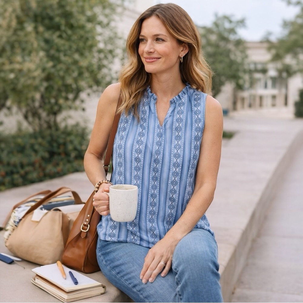 Lucky & Blessed Blue Boho Sleeveless Top Medium Ruffle Neck Geometric Stripe